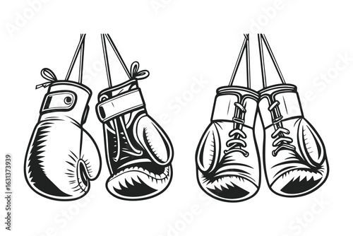 Hand-drawn sketch of hanging boxing gloves. Black and white sports equipment illustration isolated on white background.