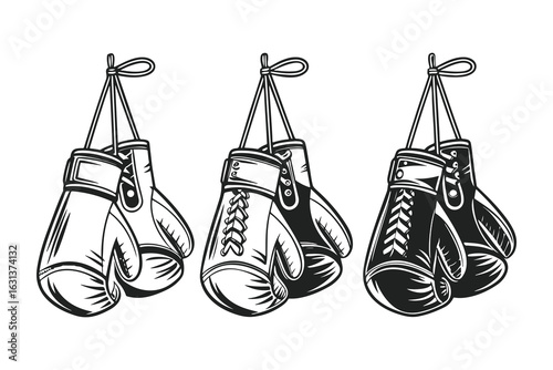 Hand-drawn sketch of hanging boxing gloves. Black and white sports equipment illustration isolated on white background.
