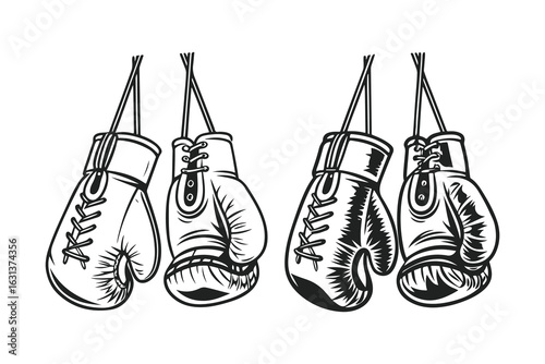 Hand-drawn sketch of hanging boxing gloves. Black and white sports equipment illustration isolated on white background.
