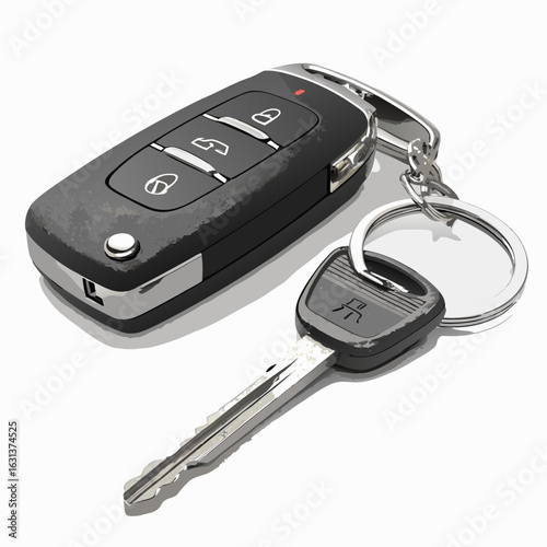 Vector art of car key fob with retractable key and keychain isolated on white background