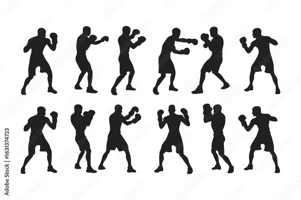 Obraz premium Set of boxer silhouettes in various fighting poses. Vector icons of a fighter for gym, combat sports logo, or fitness design.