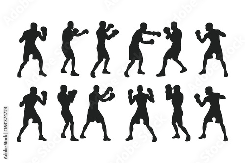 Set of boxer silhouettes in various fighting poses. Vector icons of a fighter for gym, combat sports logo, or fitness design.