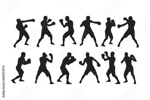 Set of boxer silhouettes in various fighting poses. Vector icons of a fighter for gym, combat sports logo, or fitness design.