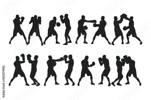 Set of boxer silhouettes in various fighting poses. Vector icons of a fighter for gym, combat sports logo, or fitness design.