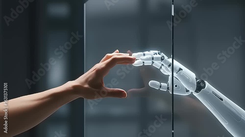Human and robotic hand reaching out towards each other through a transparent barrier in a futuristic setting