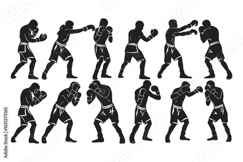 Set of boxer silhouettes in various fighting poses. Vector icons of a fighter for gym, combat sports logo, or fitness design.