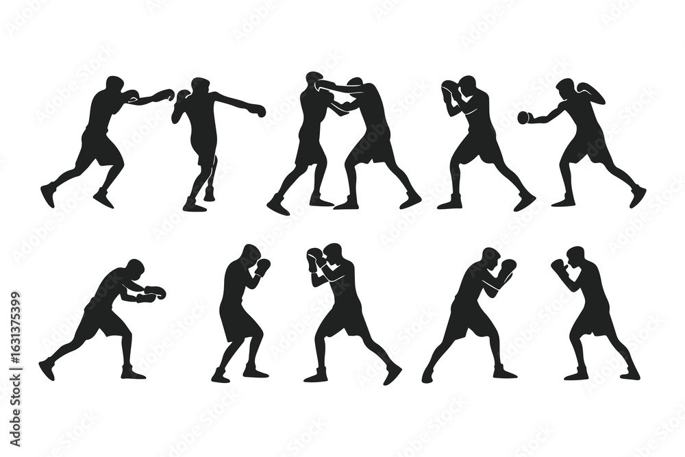 Obraz premium Set of boxer silhouettes in various fighting poses. Vector icons of a fighter for gym, combat sports logo, or fitness design.