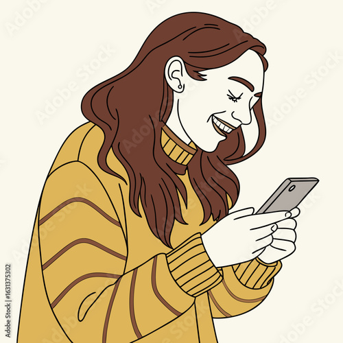 Vector art of young woman smiling while looking at her phone, isolated on white background