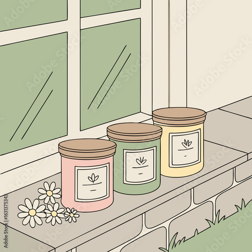 Vector art of three scented candles with flowers on a windowsill