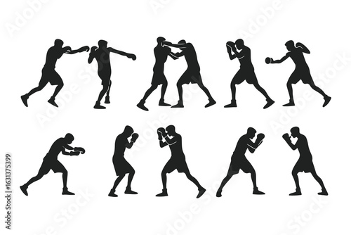 Set of boxer silhouettes in various fighting poses. Vector icons of a fighter for gym, combat sports logo, or fitness design.