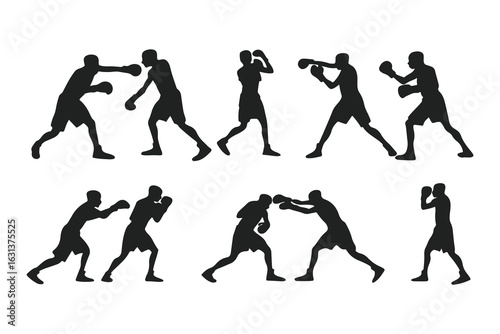 Set of boxer silhouettes in various fighting poses. Vector icons of a fighter for gym, combat sports logo, or fitness design.