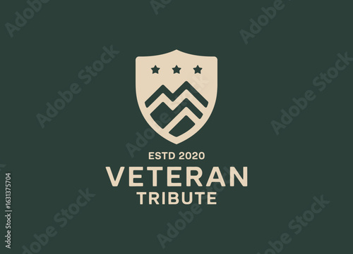 A tribute logo showcasing a shield with mountains and stars, representing honor and respect for veterans, perfect for organizations supporting military heroes.