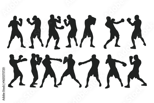 Set of boxer silhouettes in various fighting poses. Vector icons of a fighter for gym, combat sports logo, or fitness design.