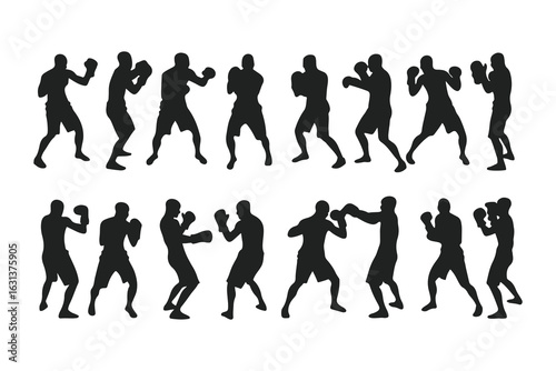Set of boxer silhouettes in various fighting poses. Vector icons of a fighter for gym, combat sports logo, or fitness design.