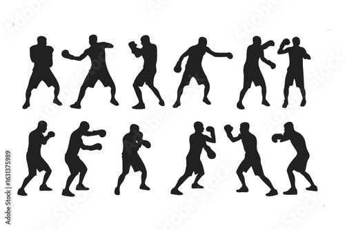 Set of boxer silhouettes in various fighting poses. Vector icons of a fighter for gym, combat sports logo, or fitness design.