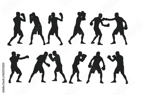 Set of boxer silhouettes in various fighting poses. Vector icons of a fighter for gym, combat sports logo, or fitness design.