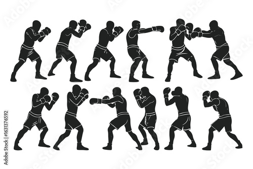 Set of boxer silhouettes in various fighting poses. Vector icons of a fighter for gym, combat sports logo, or fitness design.