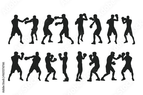 Set of boxer silhouettes in various fighting poses. Vector icons of a fighter for gym, combat sports logo, or fitness design.