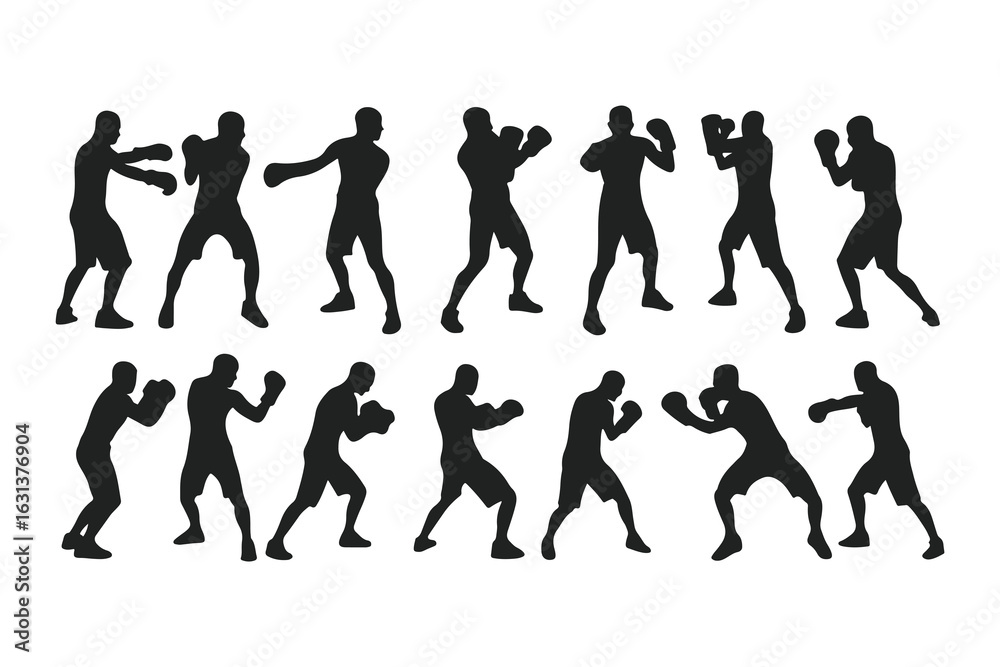 Fototapeta premium Set of boxer silhouettes in various fighting poses. Vector icons of a fighter for gym, combat sports logo, or fitness design.