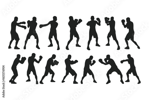 Set of boxer silhouettes in various fighting poses. Vector icons of a fighter for gym, combat sports logo, or fitness design.