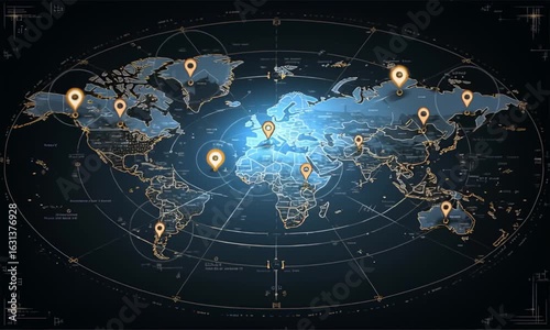 World map with location pins highlighting various continents in a digital interface style design
