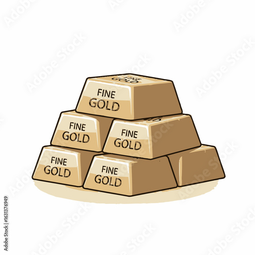 A digitally rendered illustration depicts a pyramid stack of lustrous gold bars, each clearly marked 'FINE GOLD', symbolizing wealth and investment.