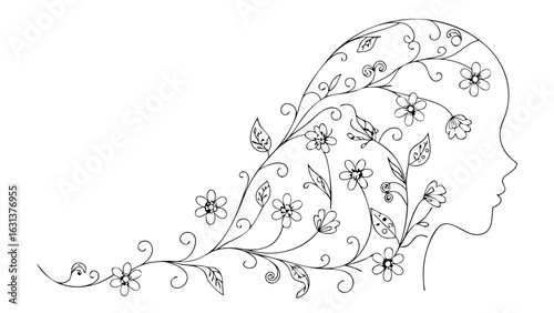 Silhouette of a woman's head with floral vine hair and flower accents in a detailed line drawing
