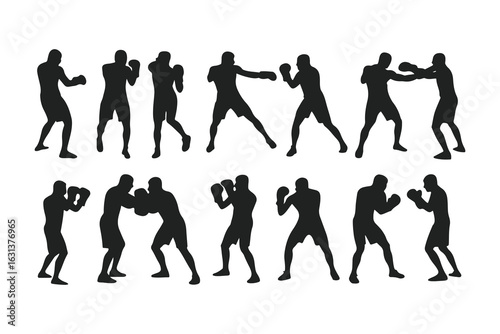 Set of boxer silhouettes in various fighting poses. Vector icons of a fighter for gym, combat sports logo, or fitness design.