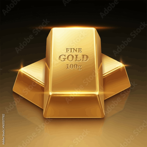 Two gleaming fine gold bars, each weighing 100 grams, symbolize wealth, secure investments, and financial prosperity on a dark reflective surface.