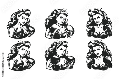 Vintage pin-up girl boxer illustration. Retro tattoo style drawing of a strong woman for gym logo, t-shirt design, or girl power emblem.