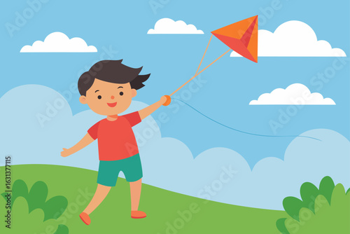 Child Flying Kite in Breezy Meadow