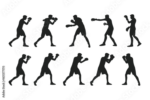 Set of boxer silhouettes in various fighting poses. Vector icons of a fighter for gym, combat sports logo, or fitness design.