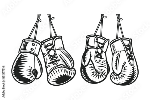 Hand-drawn sketch of hanging boxing gloves. Black and white sports equipment illustration isolated on white background.