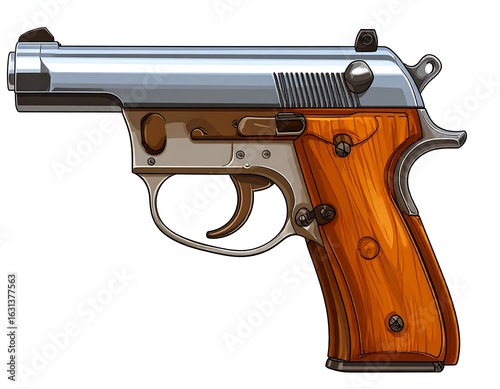 Detailed illustration of a semi-automatic pistol with wood grips