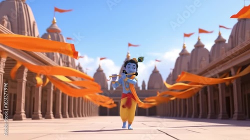 Digital illustration of Krishna on Krishna janmashtami celebration with orange streamers in a traditional Indian temple courtyard