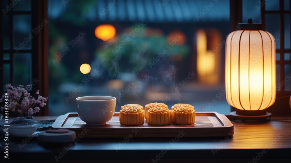 Fototapeta premium Mooncake in Mid Autumn Festival,Chuseok Day Food,Various Rice Cake, Korean Traditional Food,Rice Cake or Songpyeon,Kkultteok,holiday celebration,seollal 2025.