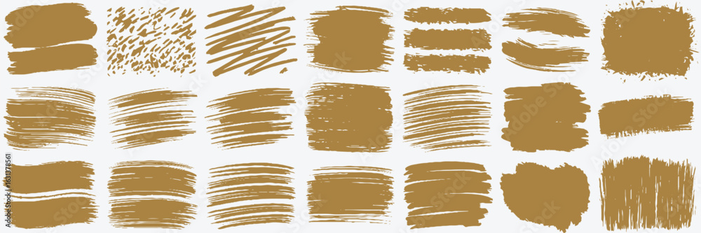 A set of collection various brown color ink brush strokes and grunge textures on a white background. The set includes different styles such as thick bold strokes, dry brush textures, zig-zag patterns.