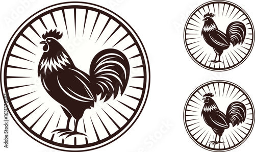 A vibrant collection of four unique rooster illustrations in various artistic styles and colors