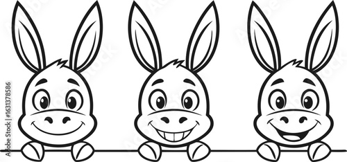 Three cheerful cartoon donkeys peeking happily over a colorful horizontal line