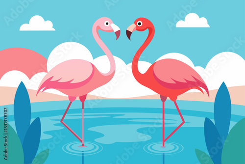 Flamingos Wading in Calm Lagoon
