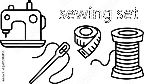 Hand drawn sewing tools, sewing machine, needle, thread and measuring tape . Hand drawn flat illustration