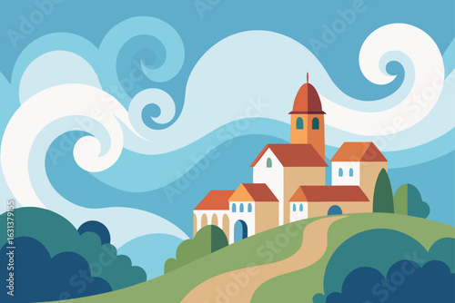 Sleepy Hilltop Village with Clouds