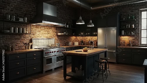 Modern kitchen interior featuring a sleek design with brick walls, wooden surfaces, and ambient lighting