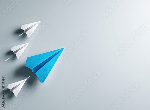 A single,  blue paper airplane leads a group of white ones
