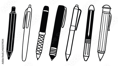 Set of hand drawn ballpoint pens in black and white, isolated vector illustration
