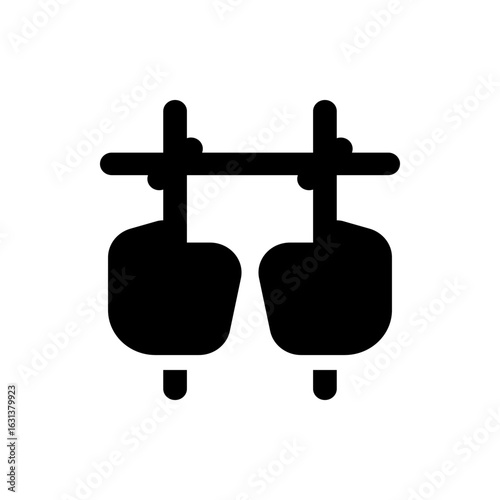 Illustration of two stylized black shapes hanging from a horizontal bar with vertical supports on top