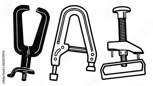 Set of hand drawn clamps and vices in black and white, isolated vector illustration for design