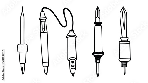 Set of hand drawn soldering irons in black and white, isolated vector illustration for design