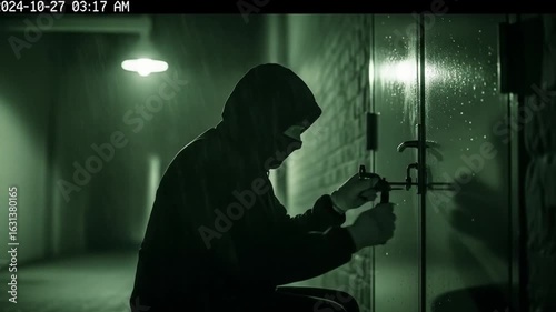 CCTV footage reveals a shadowy figure attempting a brazen lock picking in a deserted urban setting