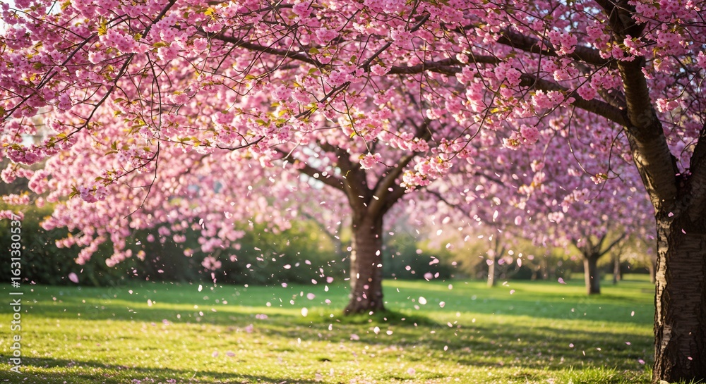 Naklejka premium 春の柔らかな光が降り注ぐ桜並木 舞い散る花びら 優しいピンク. AI Generated